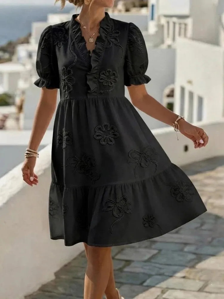 Embroidered Puff Sleeve Dress