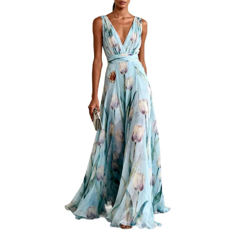 Cosima | Tulip Print Chiffon V-Neck Maxi Dress