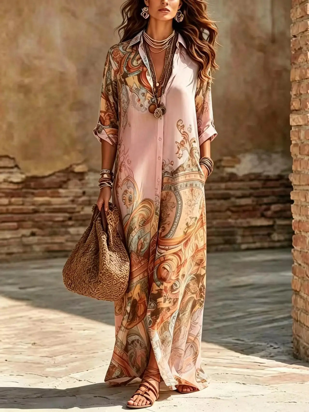 Saffron | Boho Print Button-Down Shirt Maxi Dress