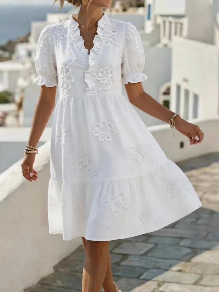 Embroidered Puff Sleeve Dress