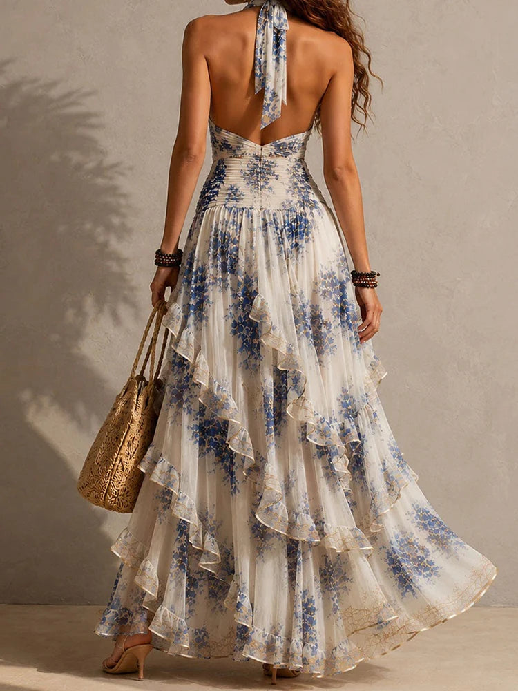 Mireille | Ruffled Halter Backless Print Maxi Dress