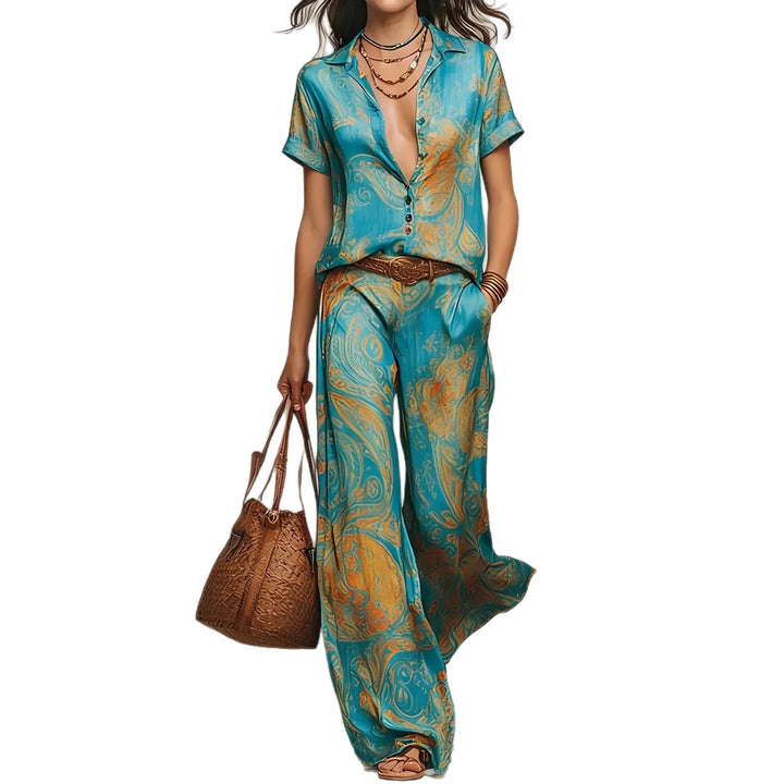 Sabine | Vintage Print Two-Piece Shirt and Wide-Leg Set
