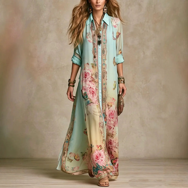 Ottilie | Boho Floral Print Shirt Maxi Dress