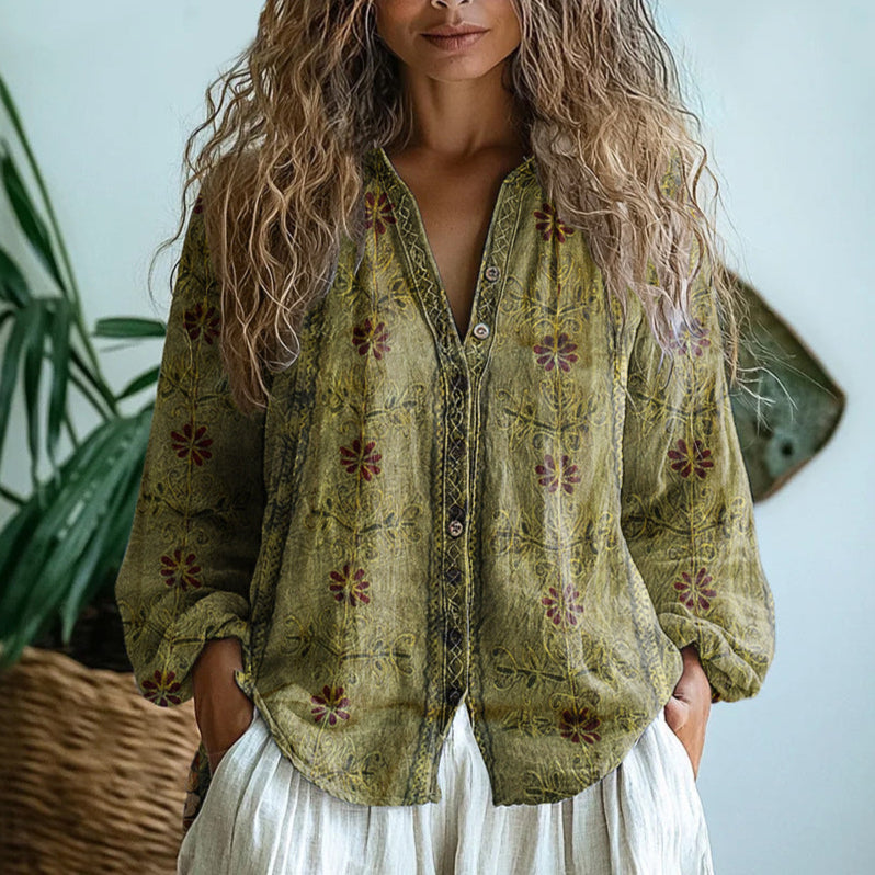 Senna | Botanical Print Linen Blouse