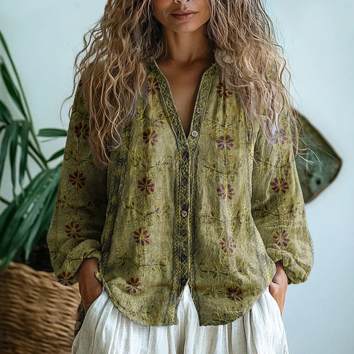 Senna | Botanical Print Linen Blouse