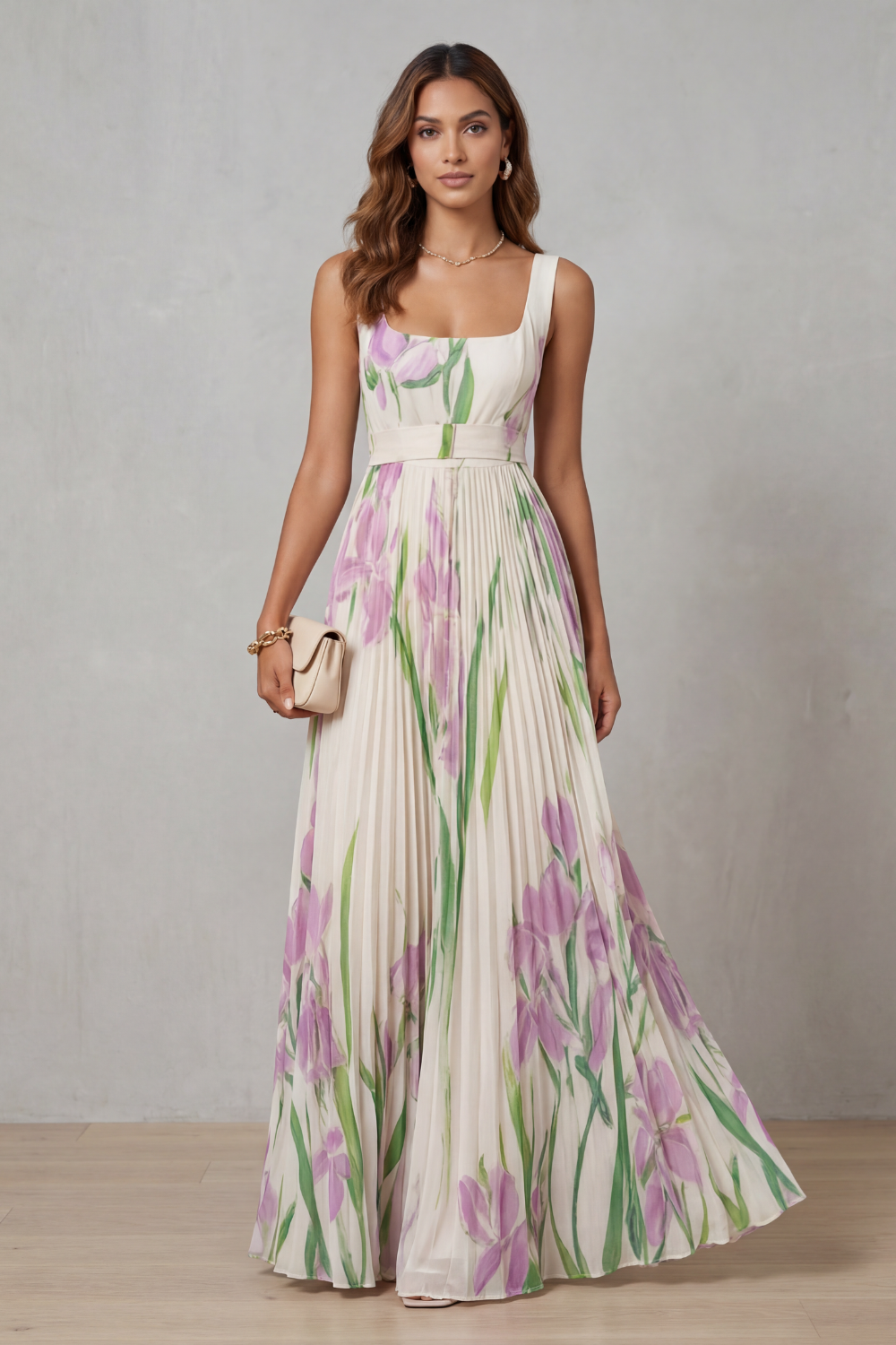 Viviana | Pleated Floral Watercolour Maxi Dress