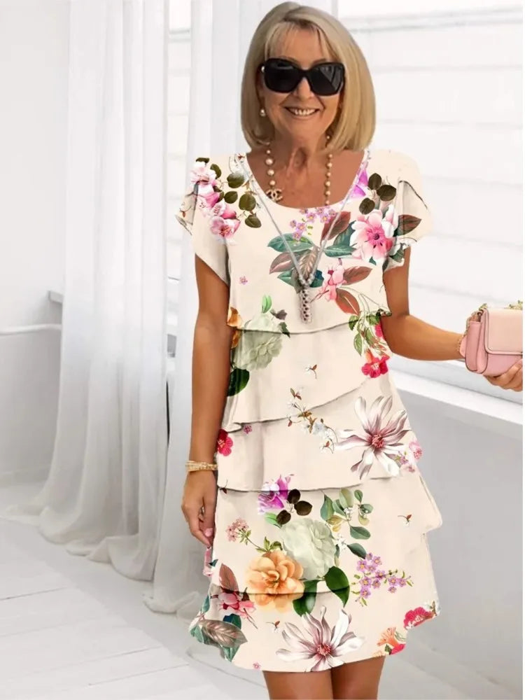Rosalie | Floral Scoop-Neck Short-Sleeve Tiered A-Line Dress
