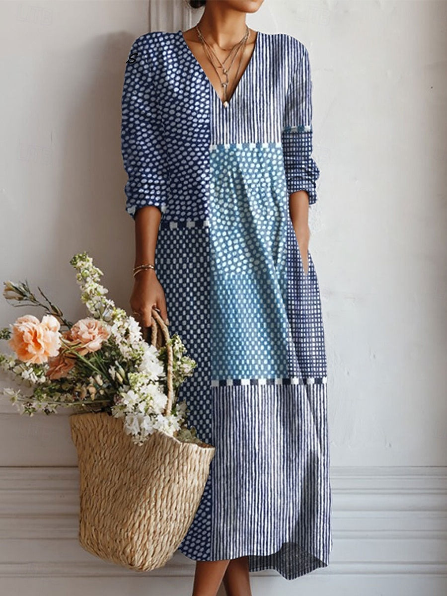 Nadia | Patchwork-Print V-Neck 3/4-Sleeve A-Line Maxi Dress