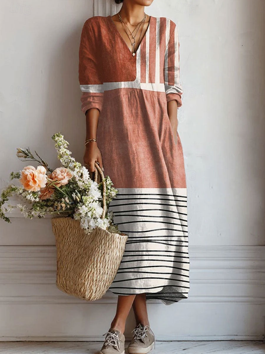 Lucille | Striped Colour-Block V-Neck 3/4-Sleeve A-Line Maxi Dress