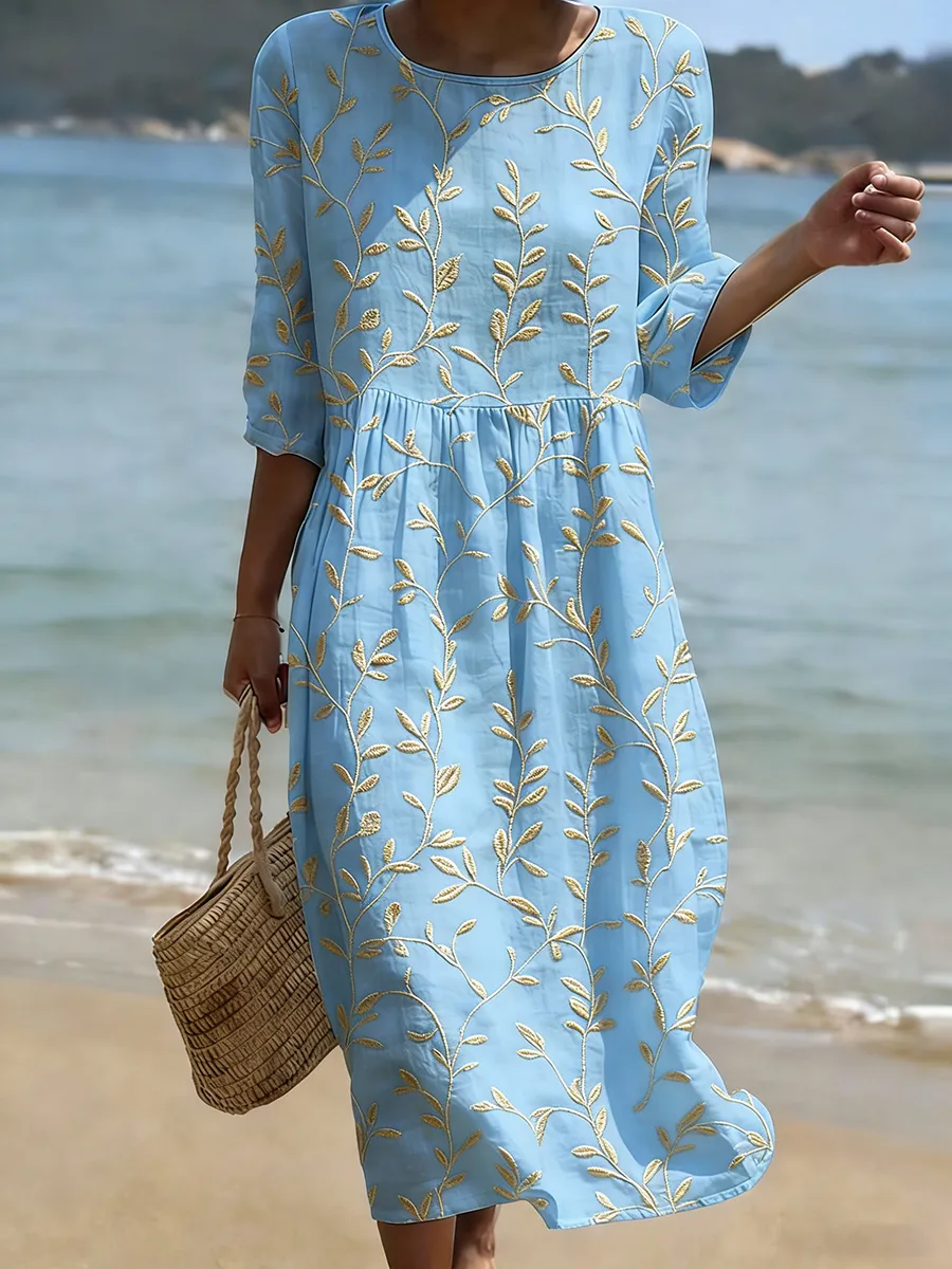 Jade | Embroidered 3/4 Sleeve Floral Midi Summer Dress