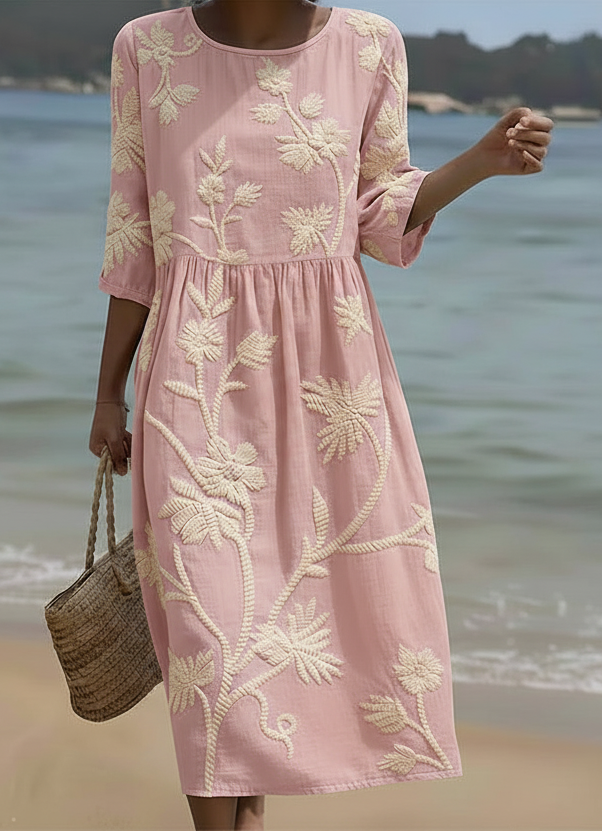 Brianna | Embroidered 3/4 Sleeve Floral Midi Summer Dress