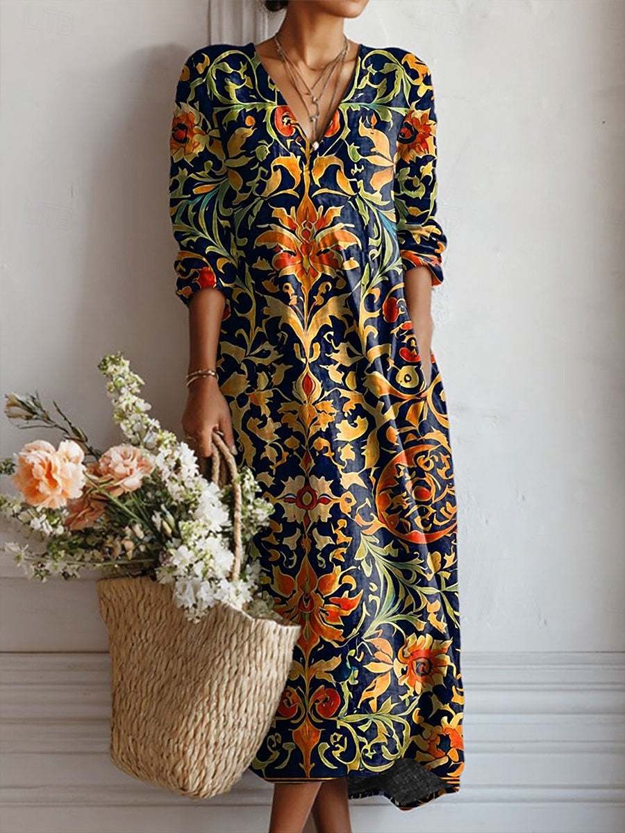 Genevieve | Floral V-Neck Long-Sleeve A-Line Maxi Dress