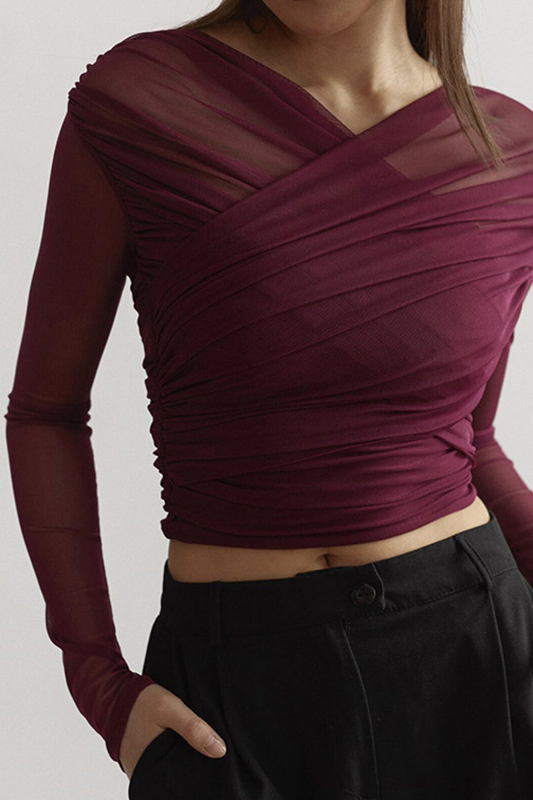 Cali | Ruched Wrap Mesh Top
