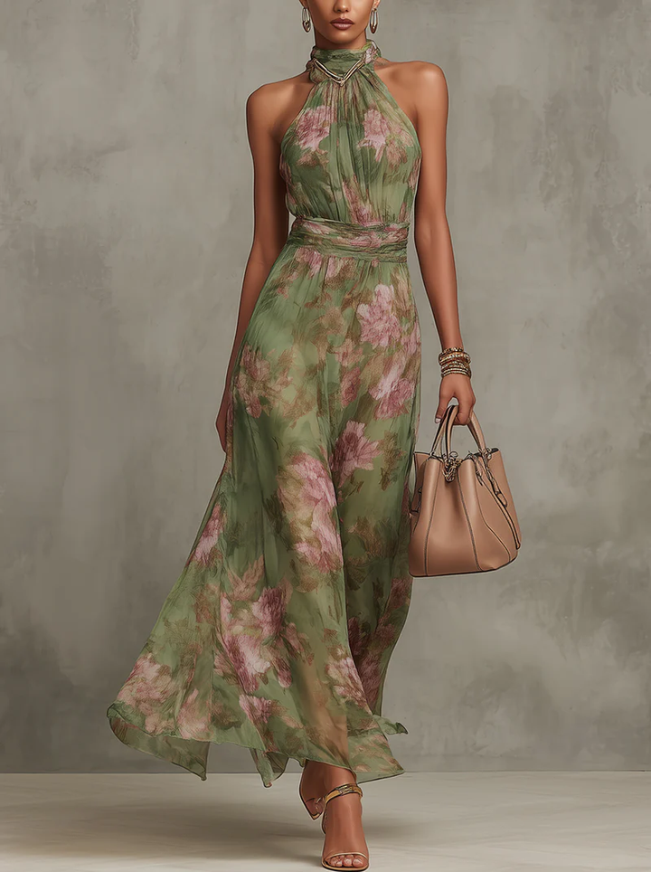 Firenze | Green Floral Chiffon Maxi Dress, Open Back