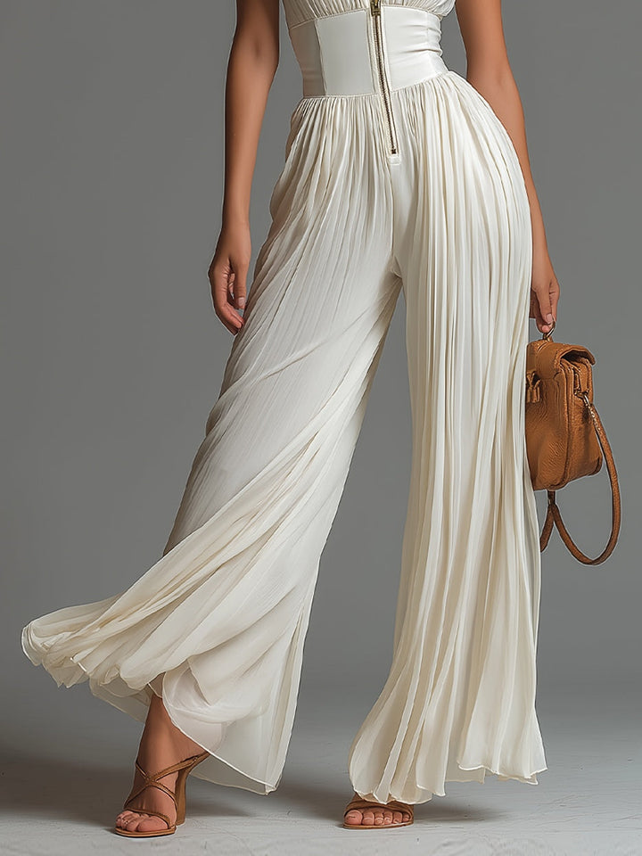 Ivoryssa | White Chiffon Wide-Leg Jumpsuit