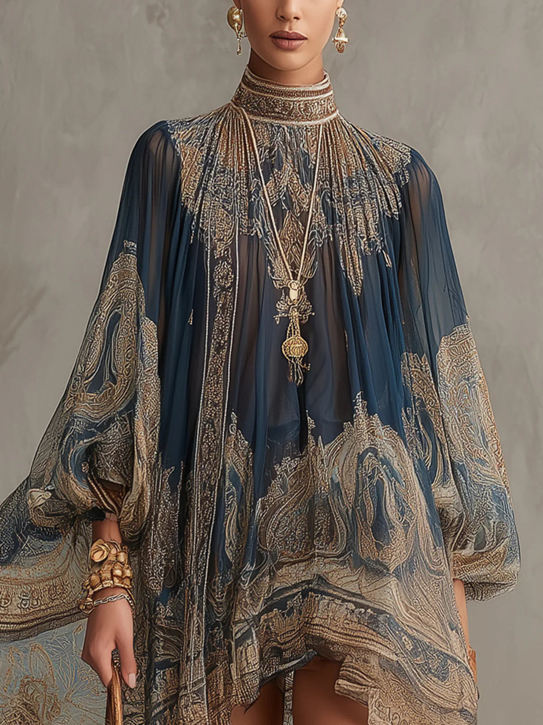Sadie | Asymmetric Satin Mini Dress with Navy Baroque Print and Stand Collar