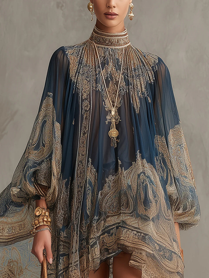 Sadie | Asymmetric Satin Mini Dress with Navy Baroque Print and Stand Collar