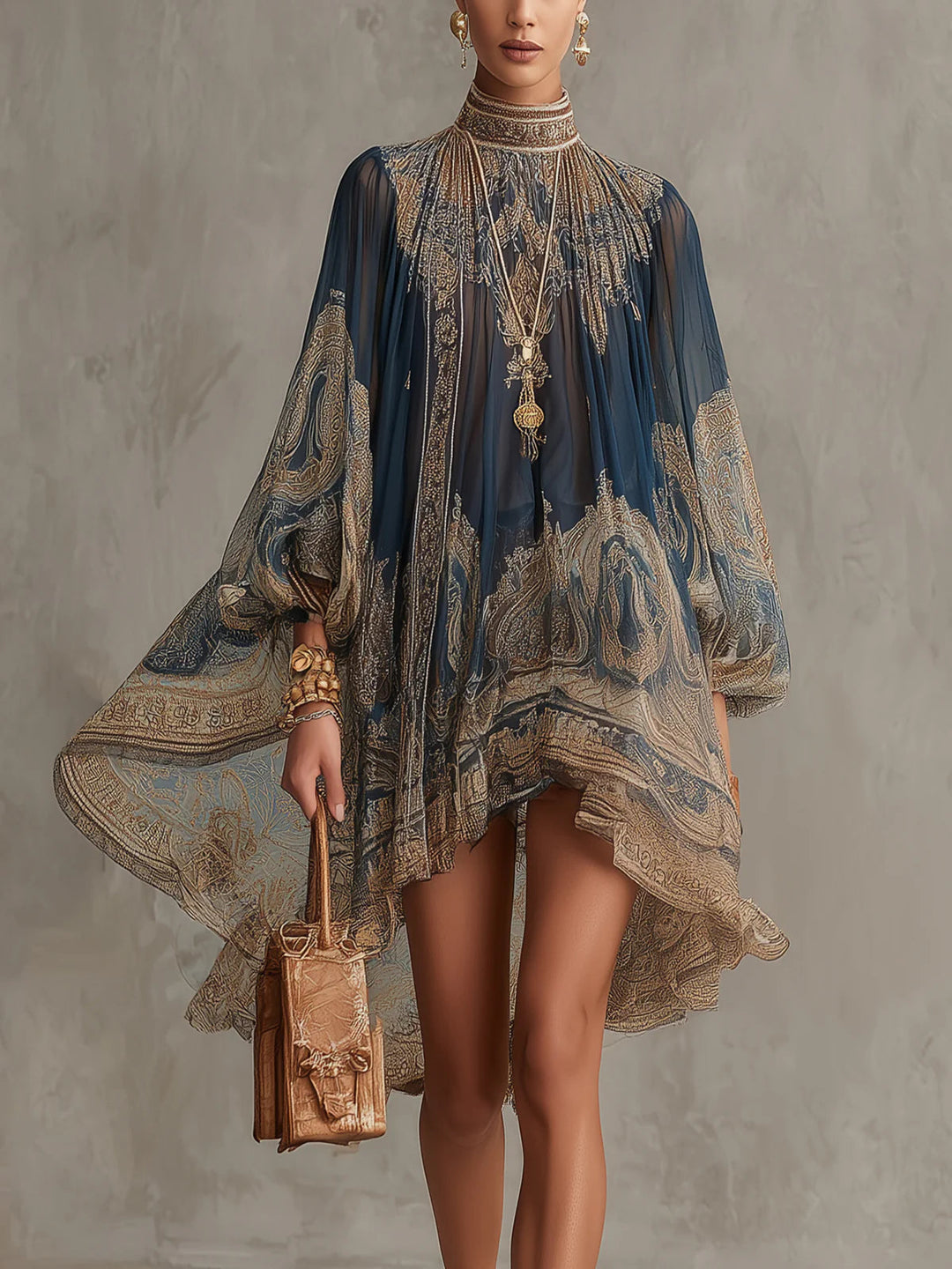 Sadie | Asymmetric Satin Mini Dress with Navy Baroque Print and Stand Collar