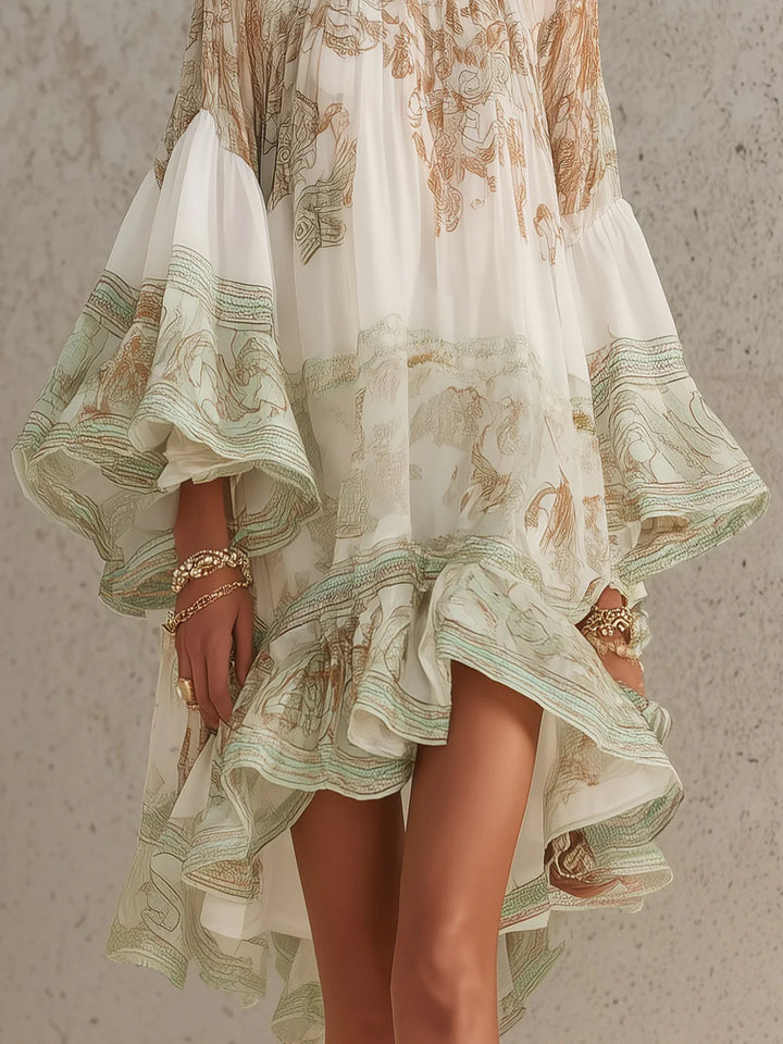Lucy | Ruffle-Sleeve Satin Mini Dress with Green Striped Hem