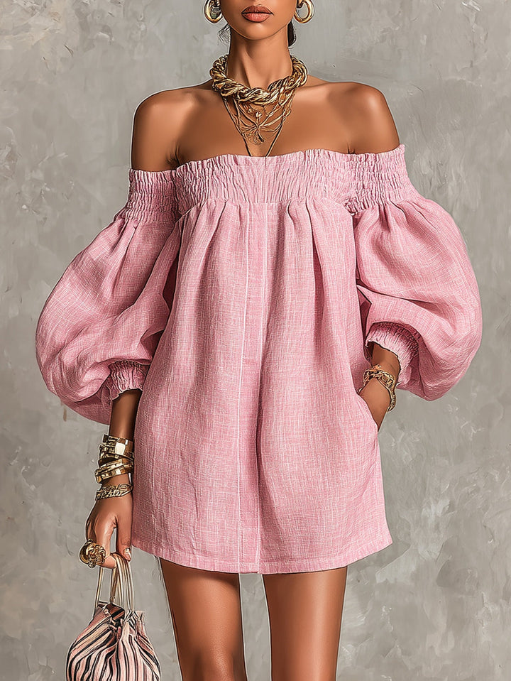 Emily | Pink Trapeze Mini Dress with Lantern Sleeves and Off-Shoulder Neckline