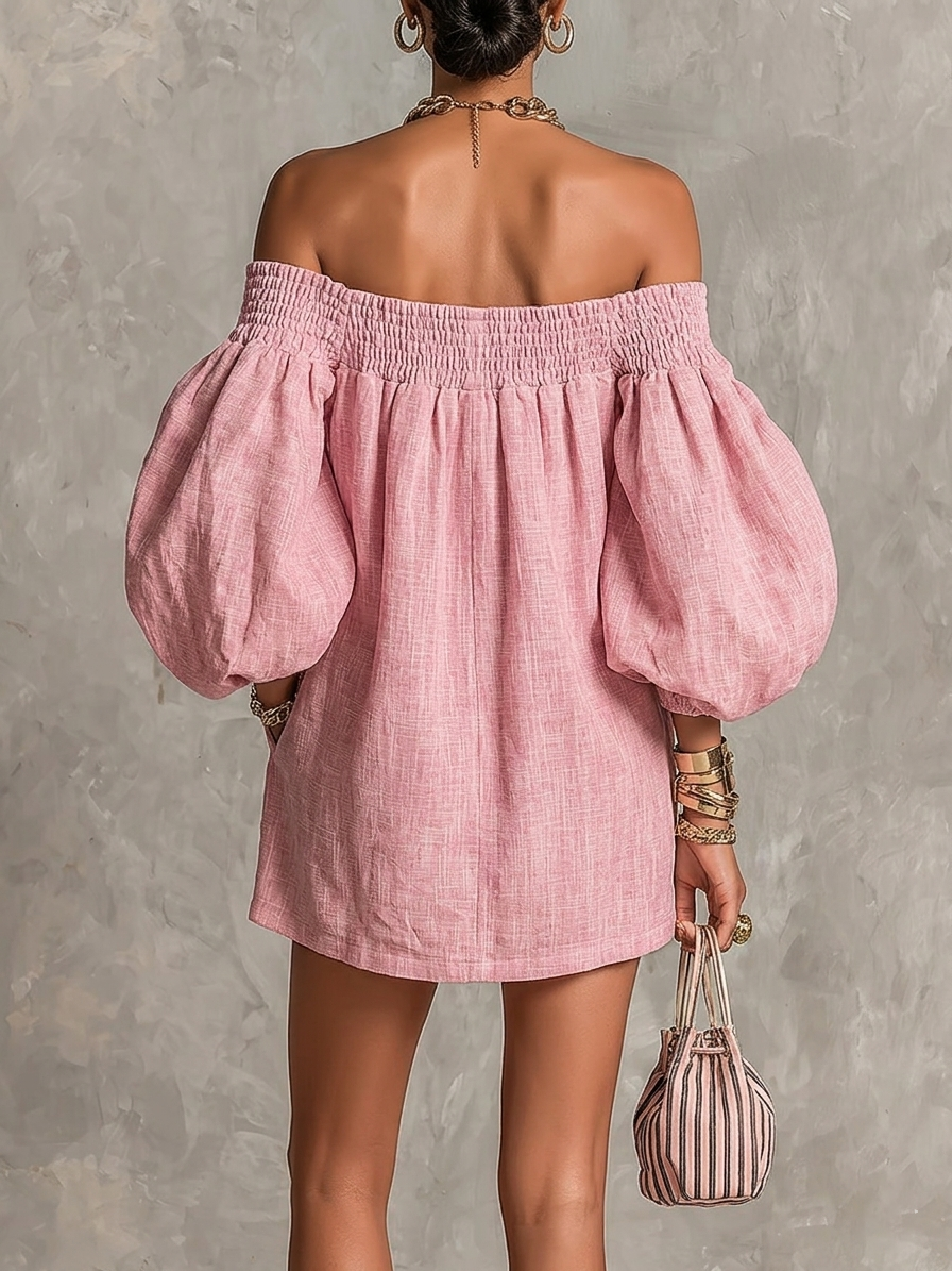 Emily | Pink Trapeze Mini Dress with Lantern Sleeves and Off-Shoulder Neckline