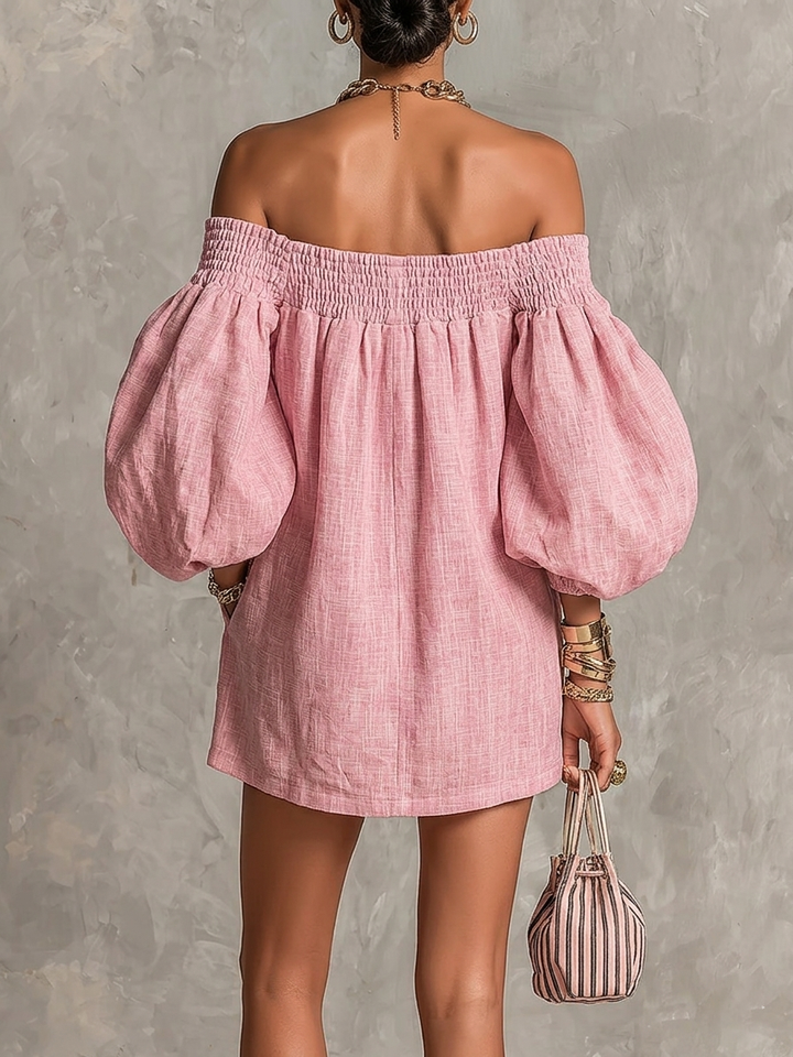 Emily | Pink Trapeze Mini Dress with Lantern Sleeves and Off-Shoulder Neckline