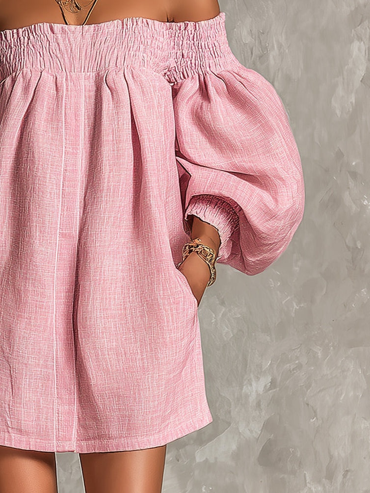 Emily | Pink Trapeze Mini Dress with Lantern Sleeves and Off-Shoulder Neckline