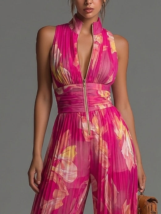 Fuchsandra | Fuchsia Floral Chiffon Jumpsuit