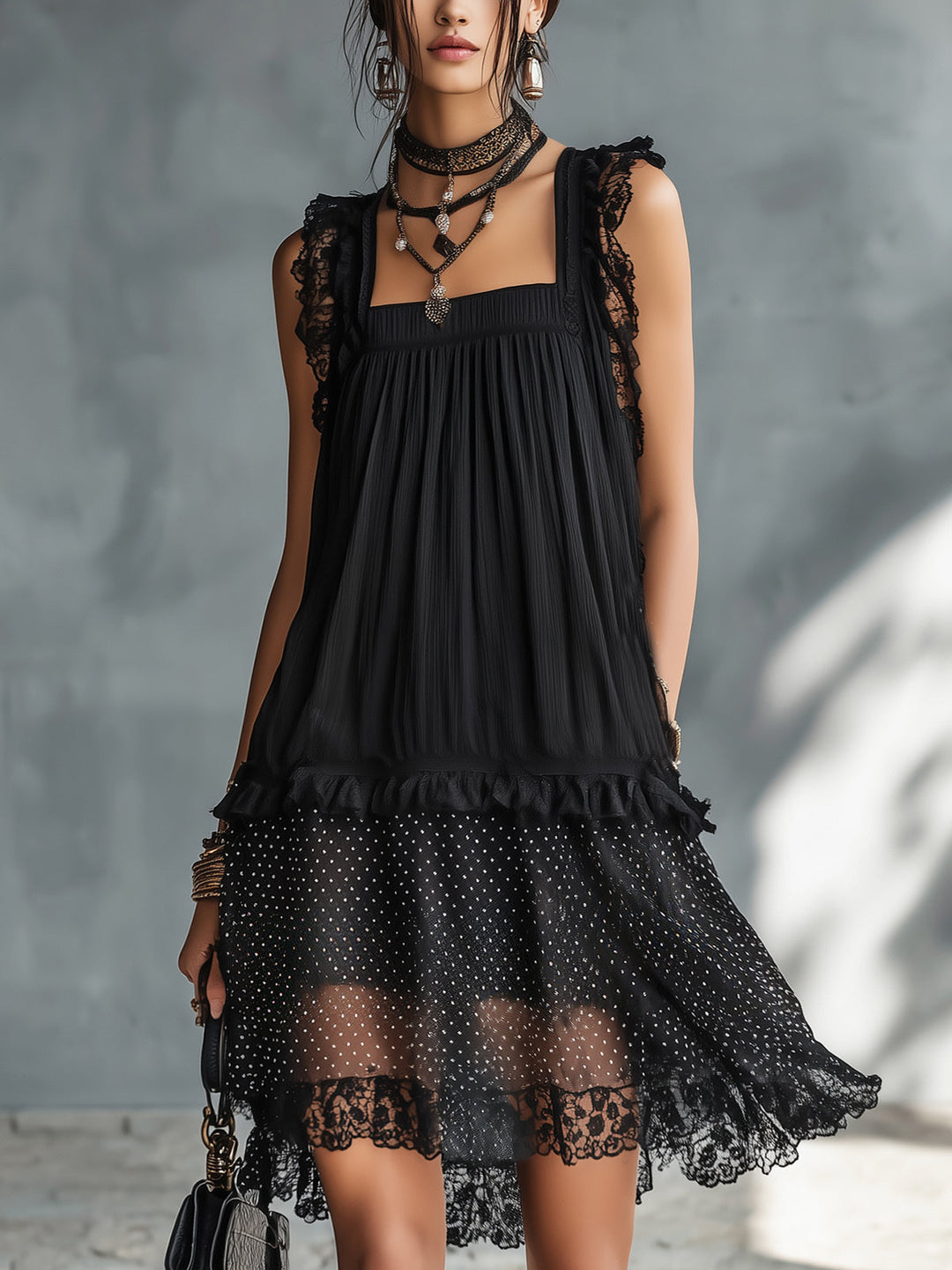 Harper | Sheer Polka-Dot Ruffle Mini Dress with Black Lace Trim