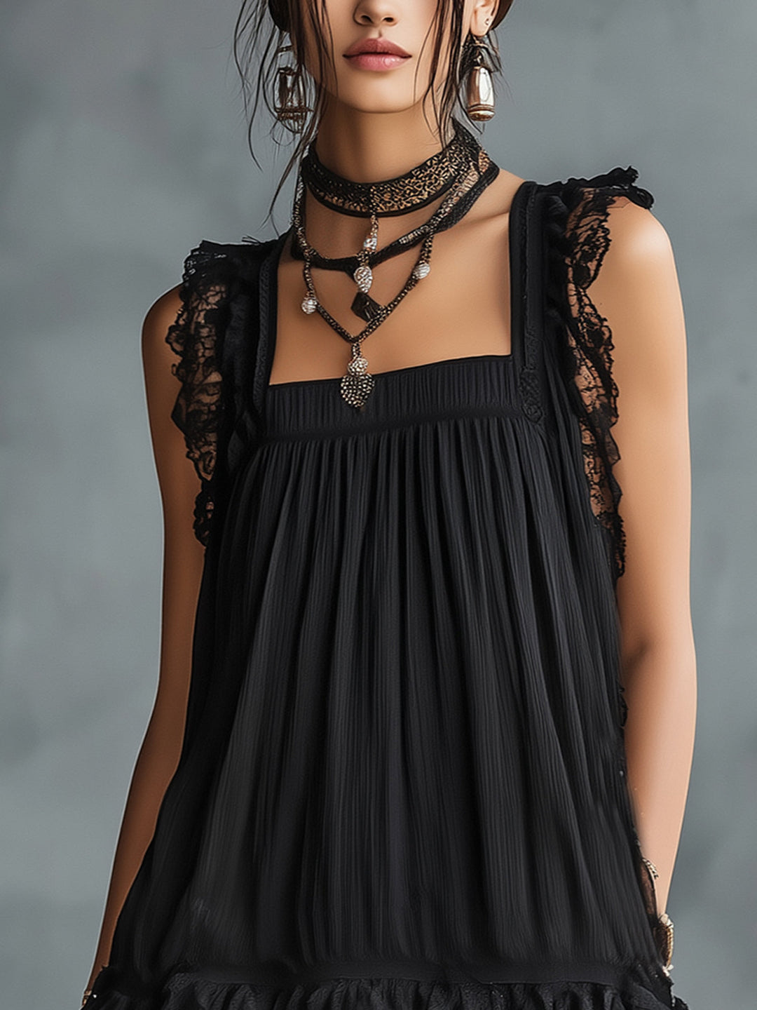 Harper | Sheer Polka-Dot Ruffle Mini Dress with Black Lace Trim