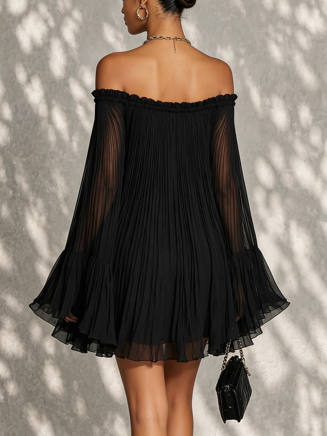 Maeve | Black Mini Dress with Bell Sleeves and Ruched Off-Shoulder Neckline