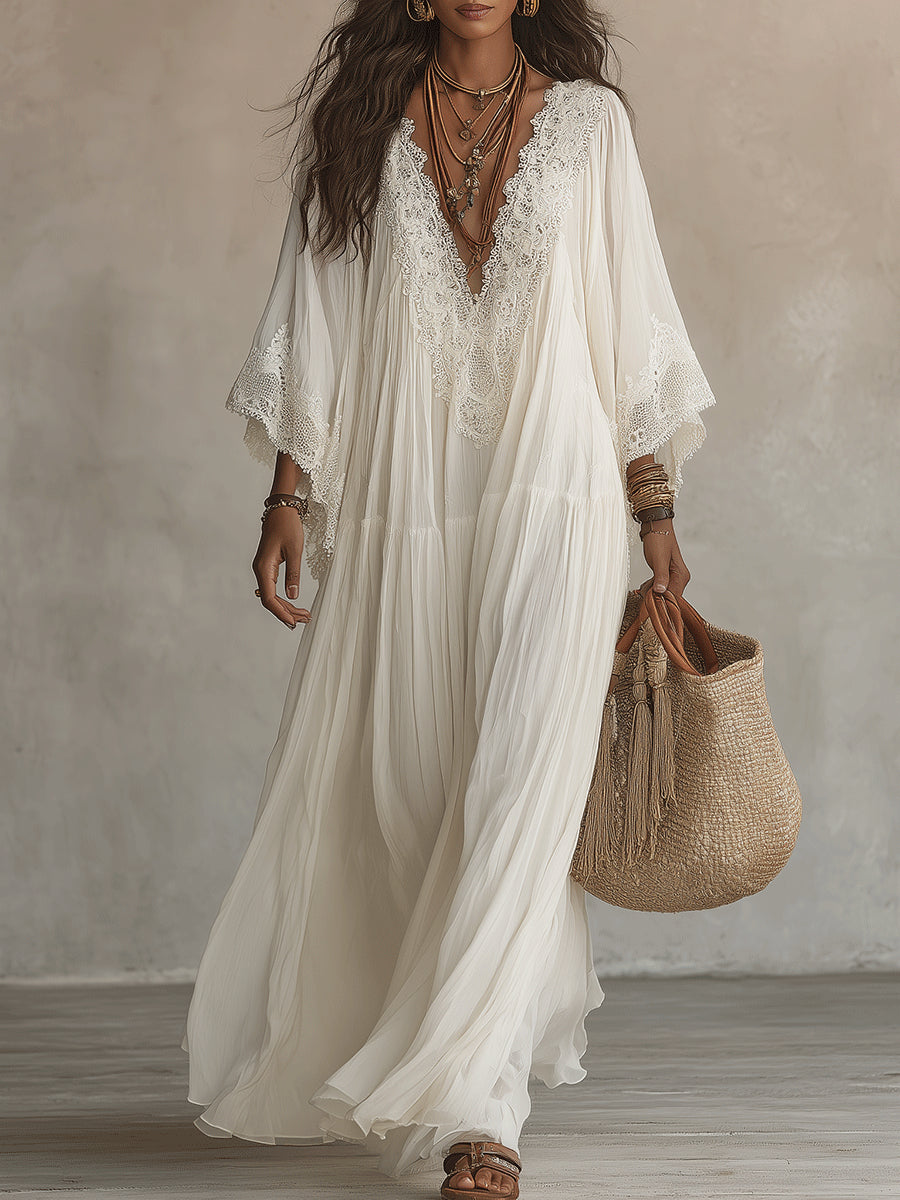 Celeste | Long Ivory Chiffon Dress with Bat Sleeves and White Lace