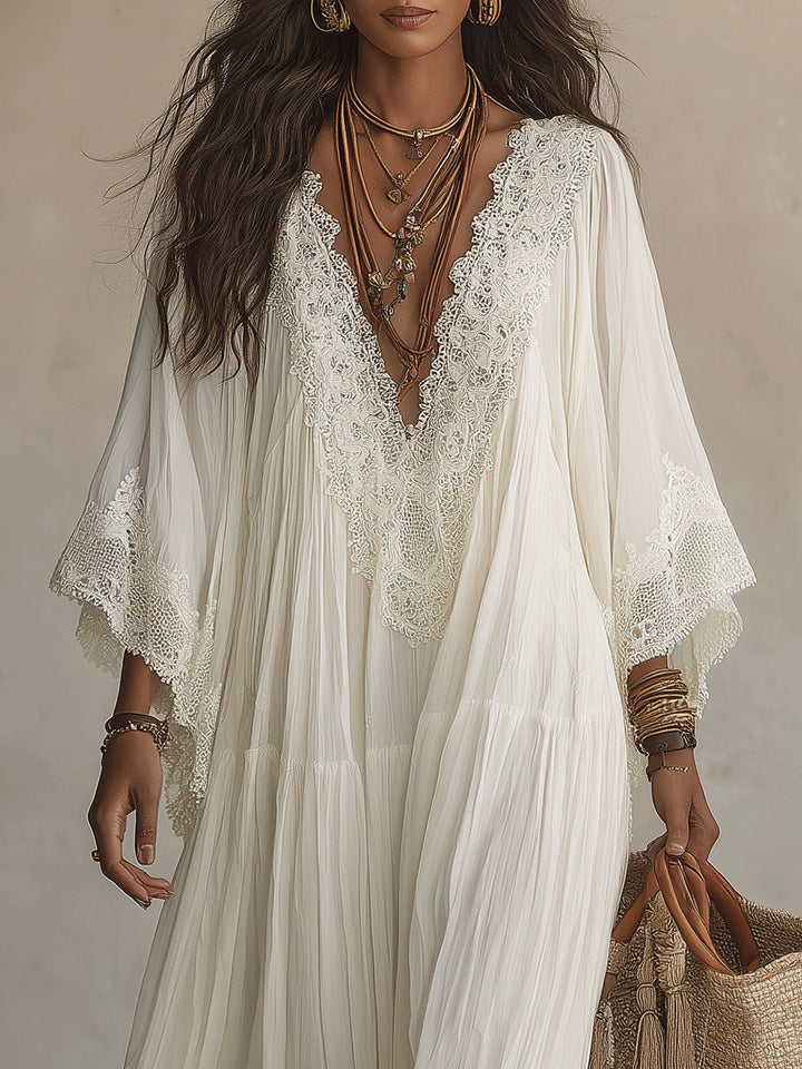 Celeste | Long Ivory Chiffon Dress with Bat Sleeves and White Lace