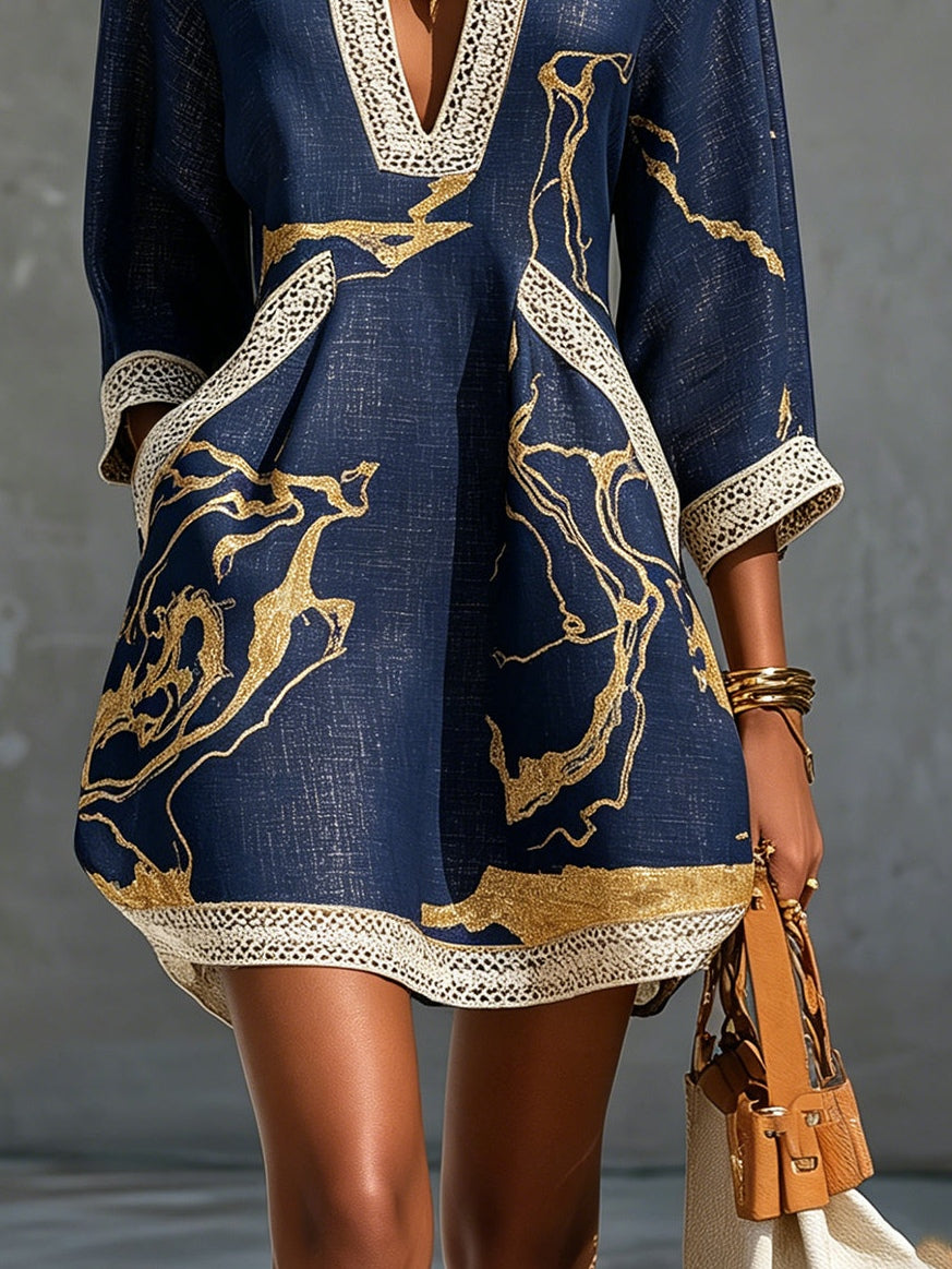 Ella | Navy Crochet Lace Mini Dress with Gold Motifs and V-Neck