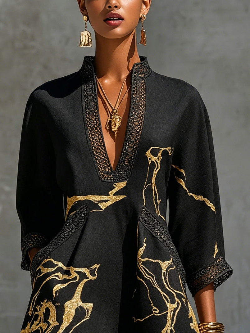 Emilia | Black Mini Dress with Gold Marble Print and Crochet Lace
