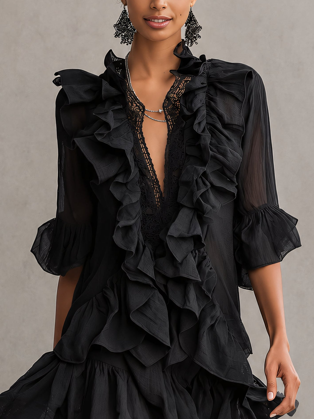 Clara | Black Satin Ruffle Mini Dress
