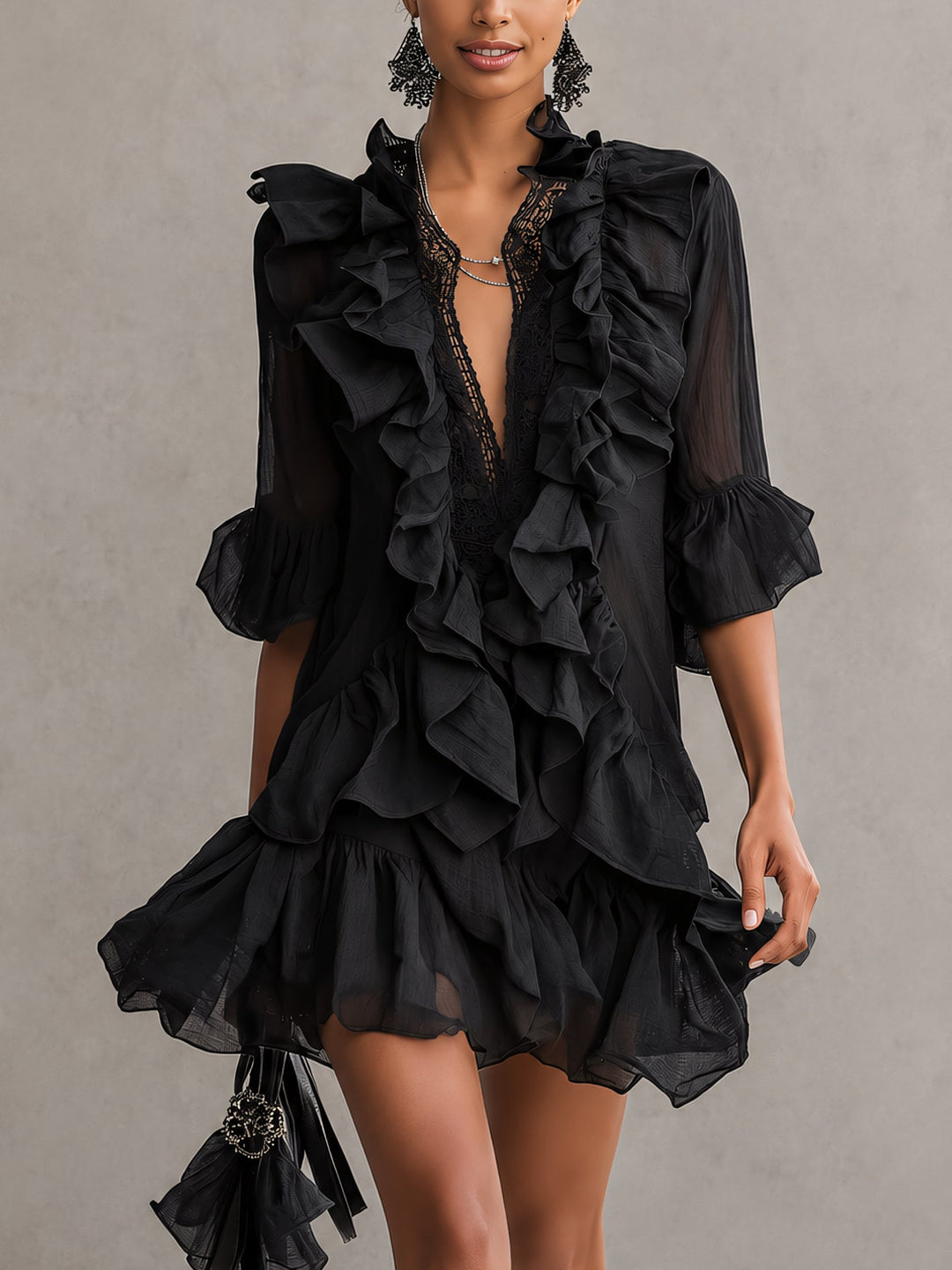 Clara | Black Satin Ruffle Mini Dress