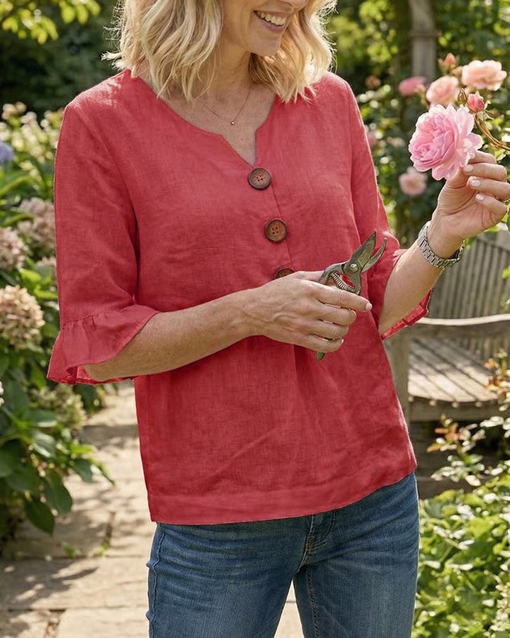 Kerria | Ruffle Sleeve Button Linen Blouse