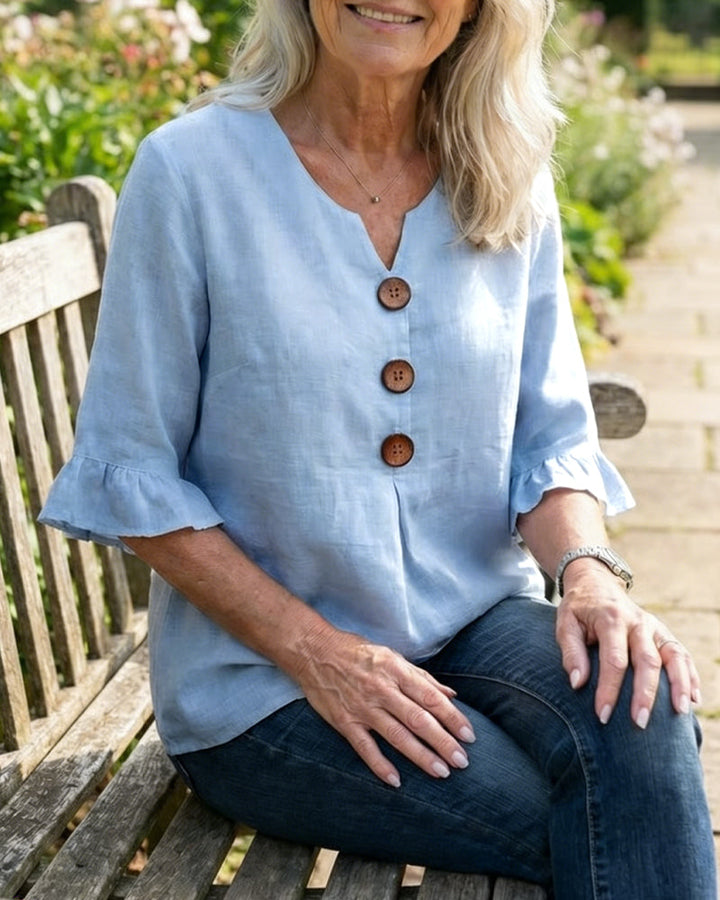Kerria | Ruffle Sleeve Button Linen Blouse