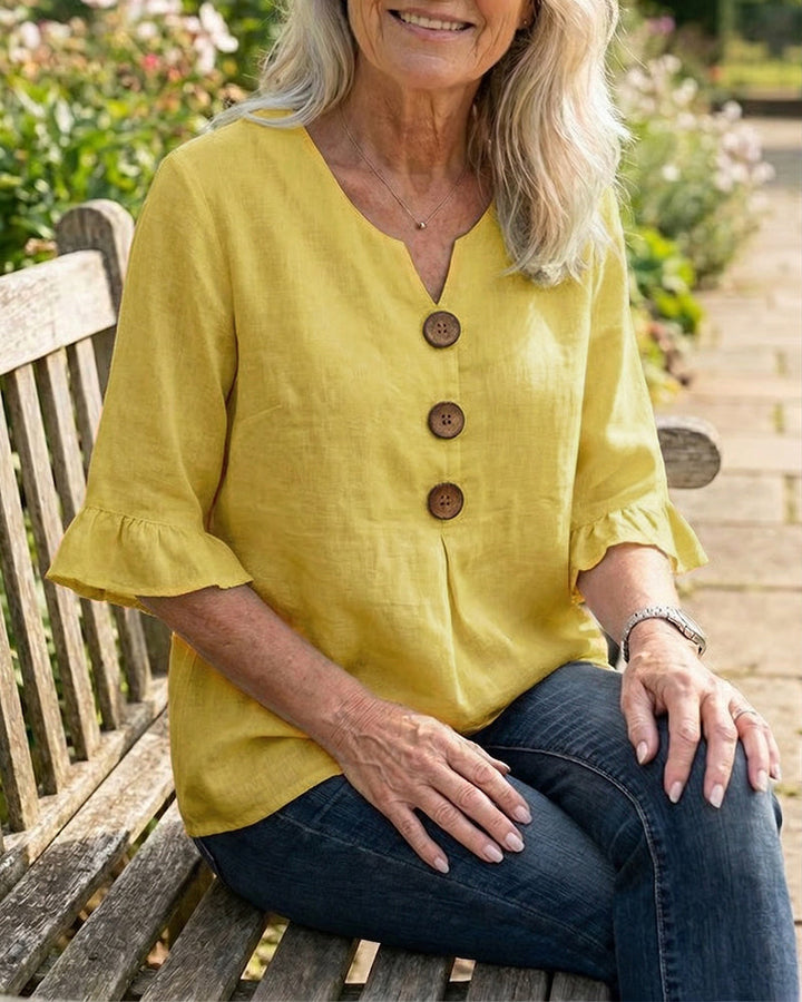 Kerria | Ruffle Sleeve Button Linen Blouse