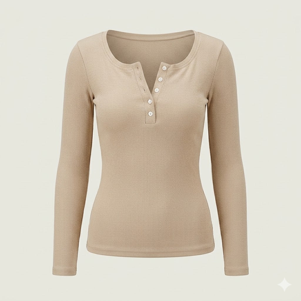 Perri | Ribbed Button Long Sleeve Top
