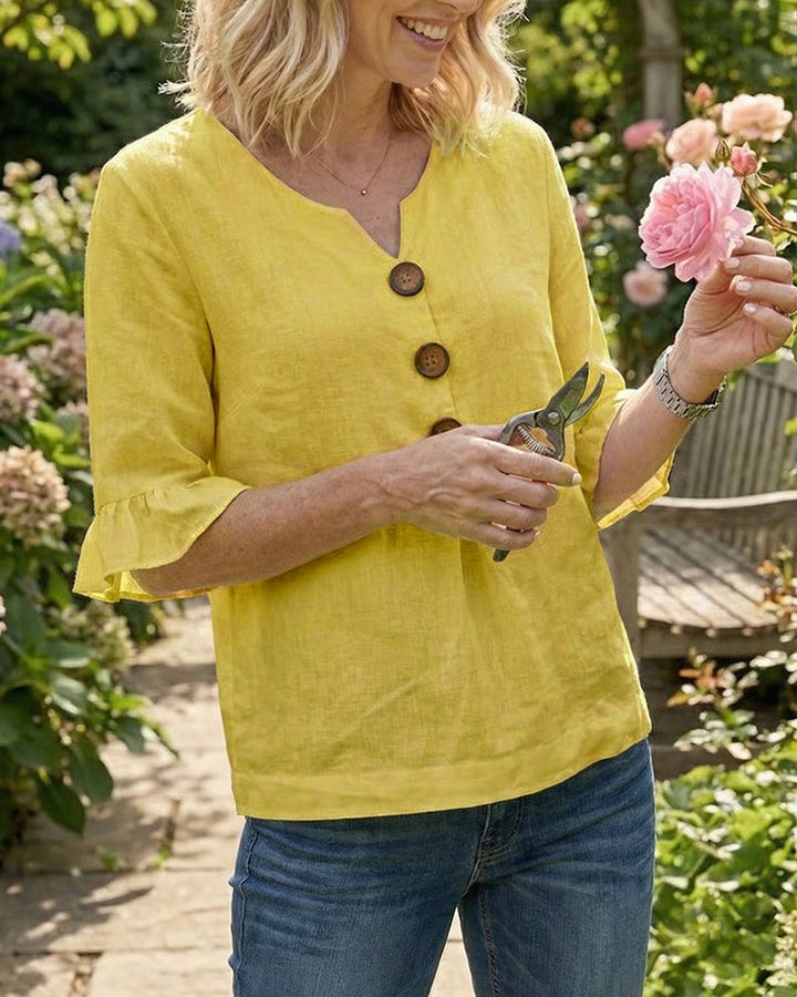 Kerria | Ruffle Sleeve Button Linen Blouse