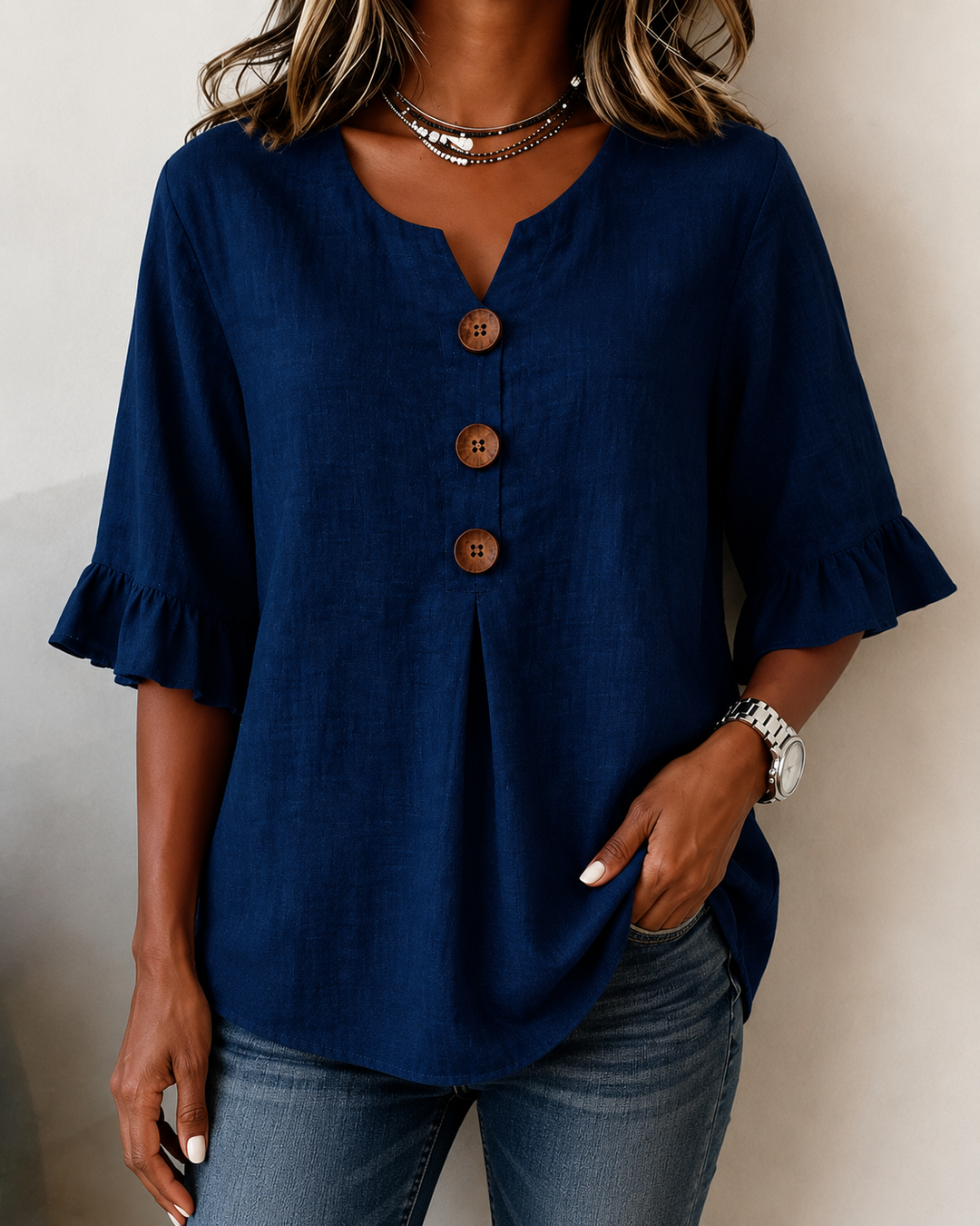 Kerria | Ruffle Sleeve Button Linen Blouse