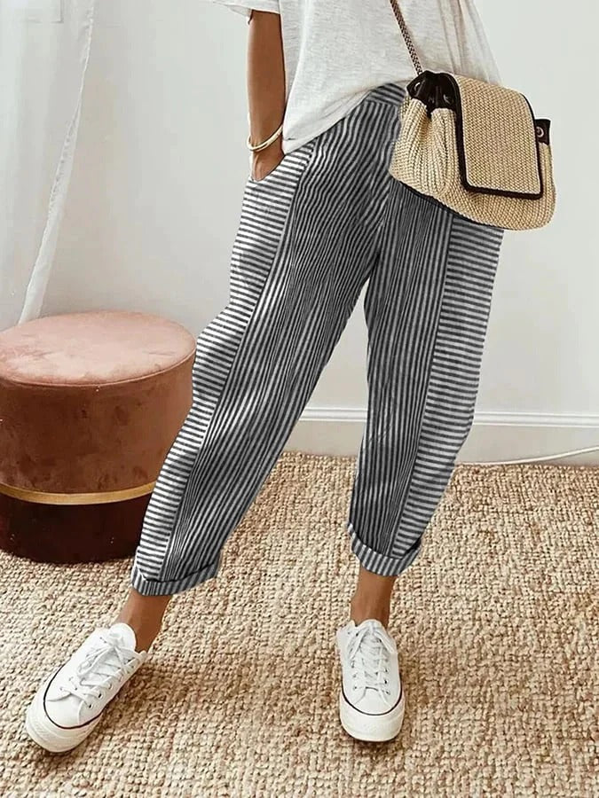 Patti | Striped Cuffed Pants with Elastic Waist
