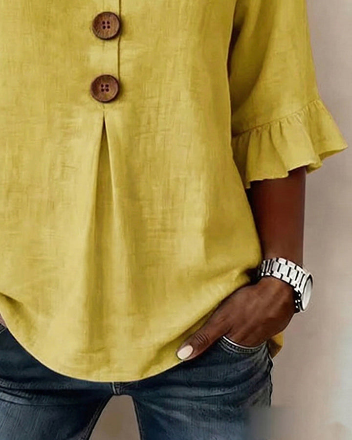 Kerria | Ruffle Sleeve Button Linen Blouse