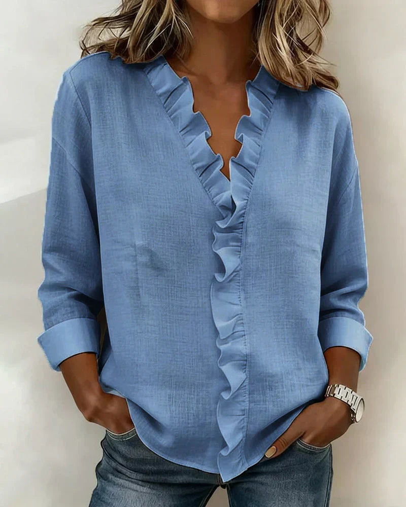 Georgina | Ruffled V Neck Linen Top