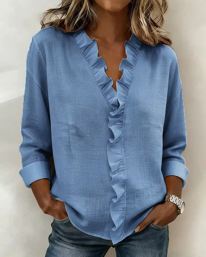 Georgina | Ruffled V Neck Linen Top