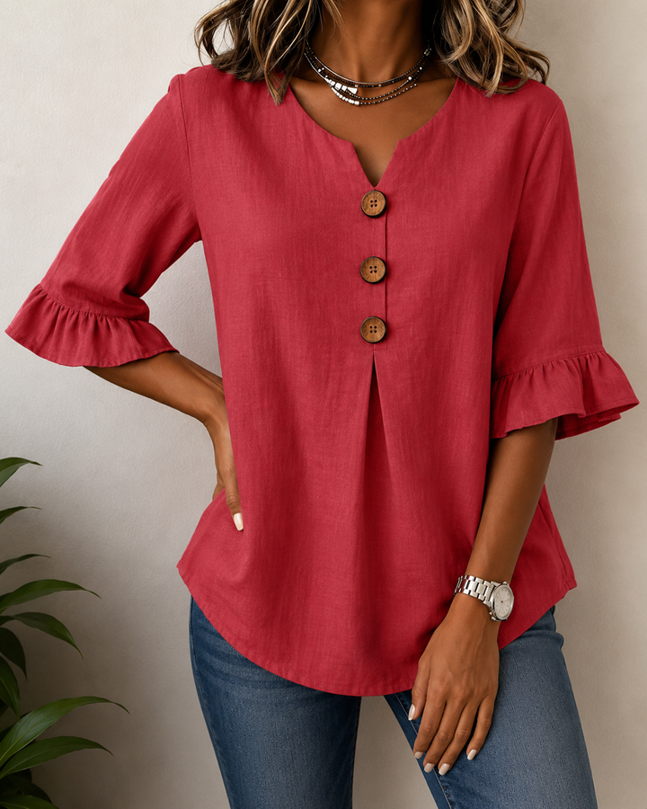 Kerria | Ruffle Sleeve Button Linen Blouse