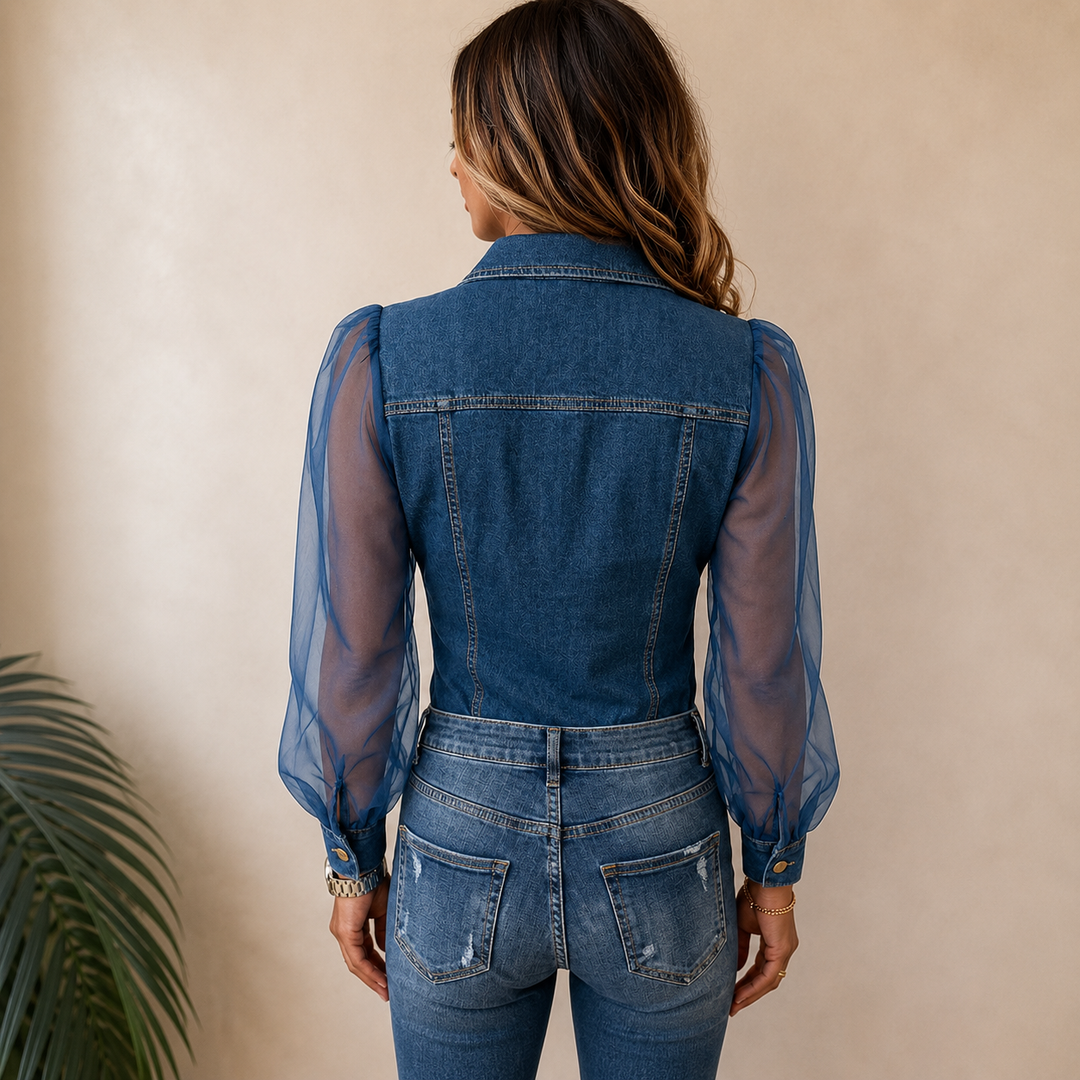 Lowanna | Sheer Sleeve Denim Look Shirt