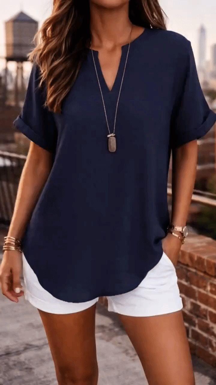 Lanica | Comfortable V Neck Roll Sleeve Blouse